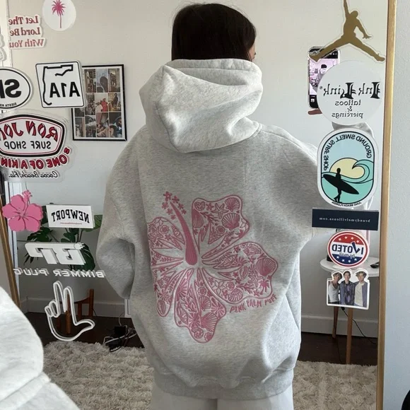 grey and pink palm puff hibiscus hoodie - Picture 3 of 7